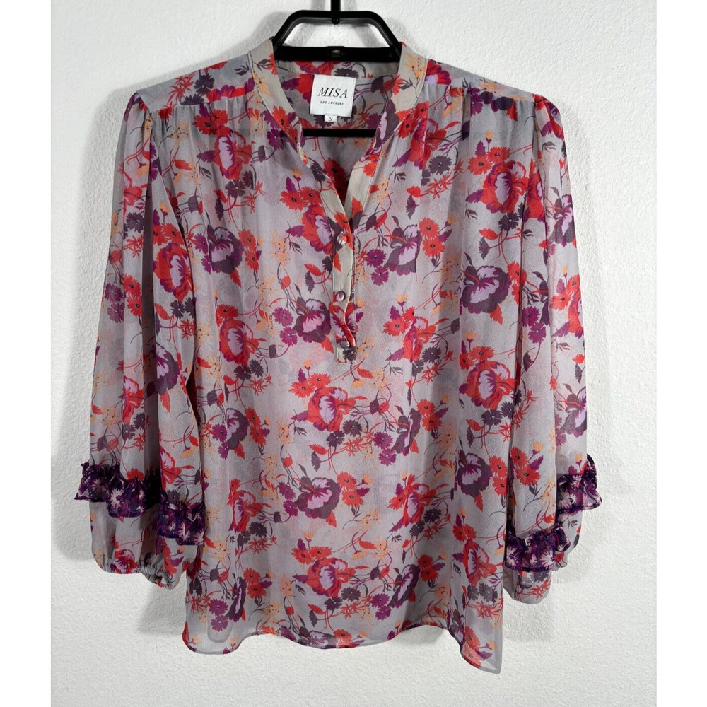 Misa Los Angeles Top Womens Small Floral‎ Multicolor Sheer Floral 3/4 Sleeve